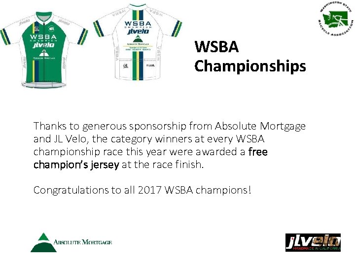 WSBA Championships Thanks to generous sponsorship from Absolute Mortgage and JL Velo, the category