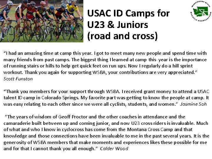 USAC ID Camps for U 23 & Juniors (road and cross) “I had an