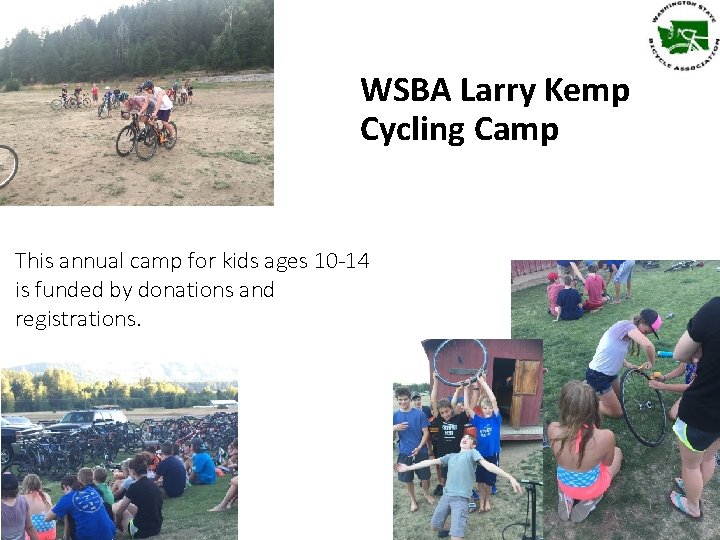 WSBA Larry Kemp Cycling Camp This annual camp for kids ages 10 -14 is