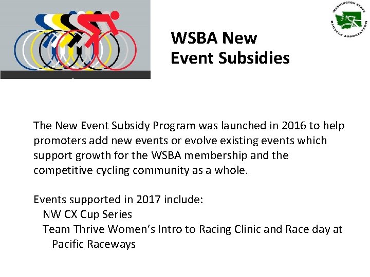 WSBA New Event Subsidies The New Event Subsidy Program was launched in 2016 to