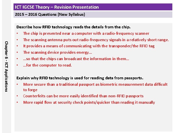 ICT IGCSE Theory – Revision Presentation 2015 – 2016 Questions (New Syllabus) Chapter 6