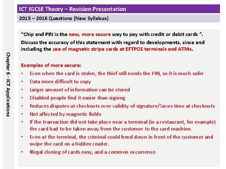 ICT IGCSE Theory – Revision Presentation 2015 – 2016 Questions (New Syllabus) Chapter 6