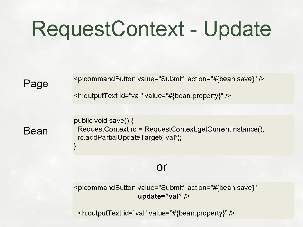 Request. Context - Update Page <p: command. Button value=”Submit” action=”#{bean. save}” /> <h: output.