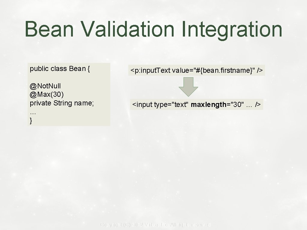 Bean Validation Integration public class Bean { <p: input. Text value="#{bean. firstname}" /> @Not.