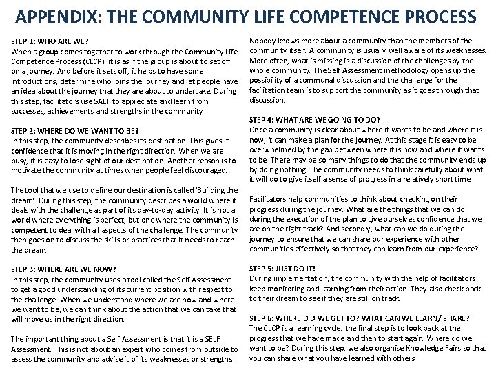 APPENDIX: THE COMMUNITY LIFE COMPETENCE PROCESS STEP 1: WHO ARE WE? When a group