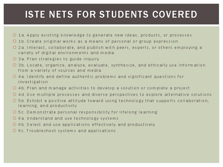 ISTE NETS FOR STUDENTS COVERED 1 a. Apply existing knowledge to generate new ideas,