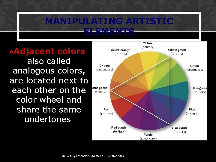 MANIPULATING ARTISTIC ELEMENTS ·Adjacent colors, also called analogous colors, are located next to each