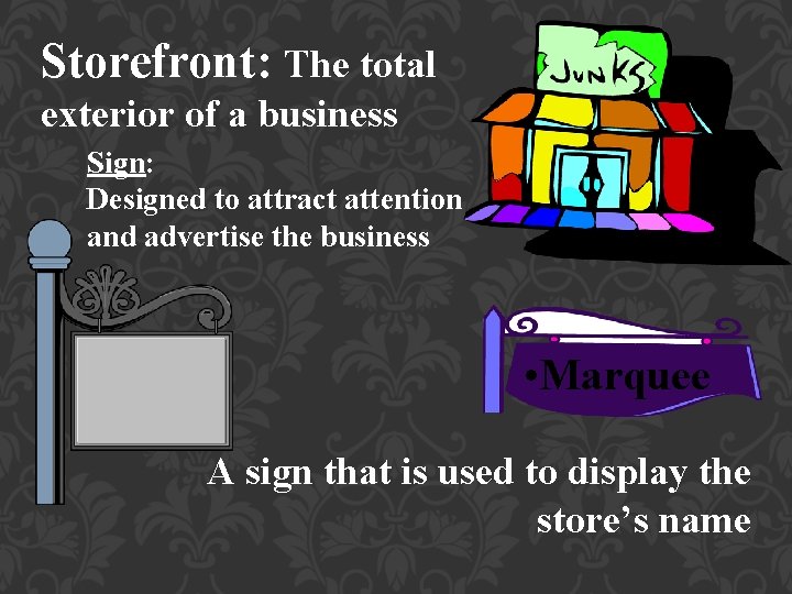 Storefront: The total exterior of a business Sign: Designed to attract attention and advertise