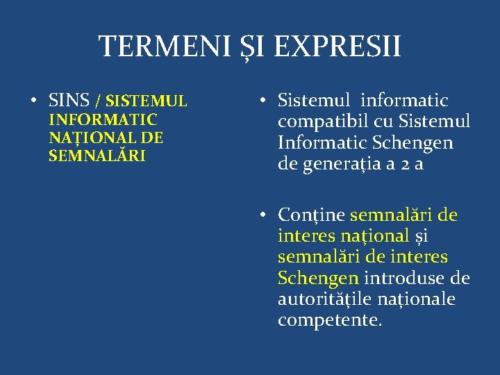 TERMENI ȘI EXPRESII • SINS / SISTEMUL INFORMATIC NAȚIONAL DE SEMNALĂRI • Sistemul informatic