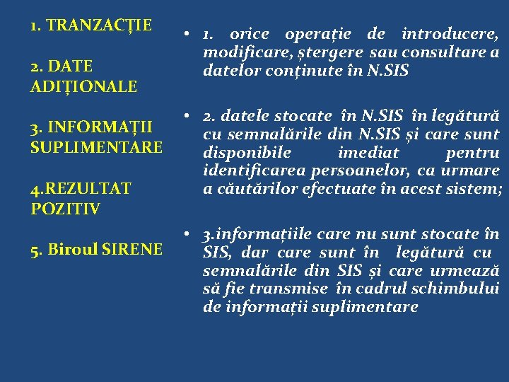 1. TRANZACȚIE 2. DATE ADIȚIONALE 3. INFORMAȚII SUPLIMENTARE 4. REZULTAT POZITIV 5. Biroul SIRENE