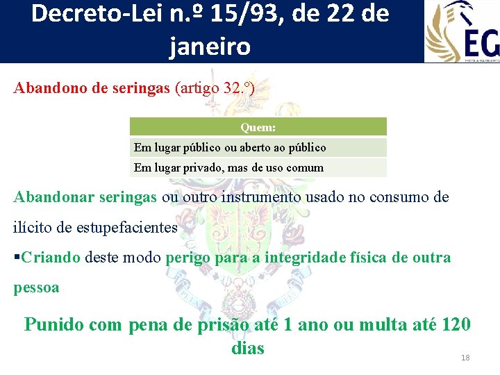 Decreto-Lei n. º 15/93, de 22 de janeiro Abandono de seringas (artigo 32. º)