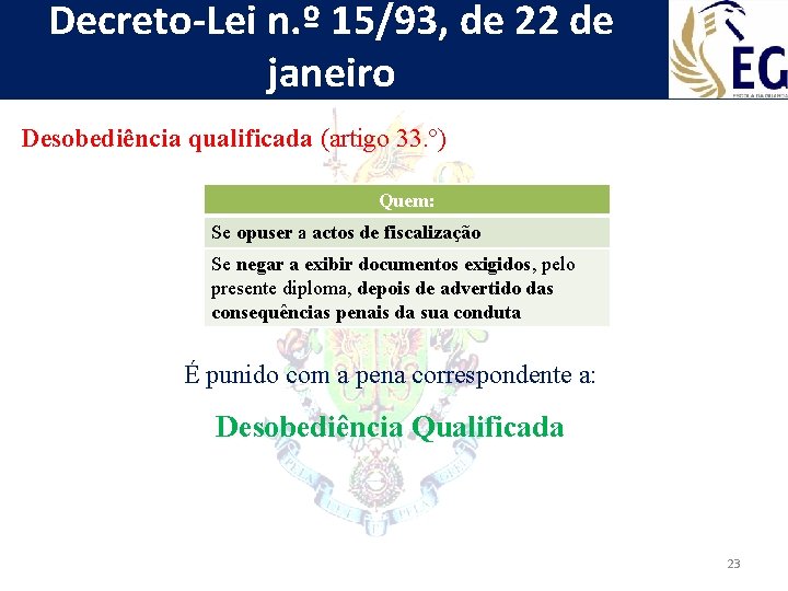 Decreto-Lei n. º 15/93, de 22 de janeiro Desobediência qualificada (artigo 33. º) Quem: