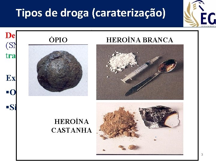 Tipos de droga (caraterização) Depressores: Actuam sobre o Sistema Nervoso Central ÓPIO HEROÍNA BRANCA