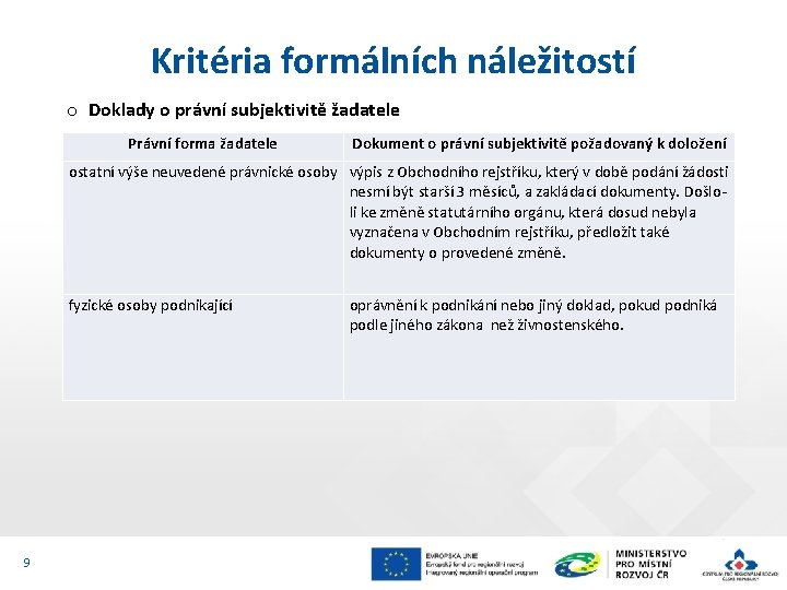 Kritéria formálních náležitostí o Doklady o právní subjektivitě žadatele Právní forma žadatele Dokument o