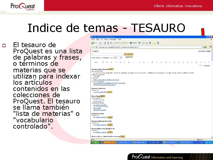 Indice de temas - TESAURO o El tesauro de Pro. Quest es una lista