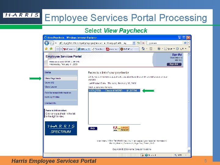 Employee Services Portal Processing Select View Paycheck Harris Employee Services Portal 5 