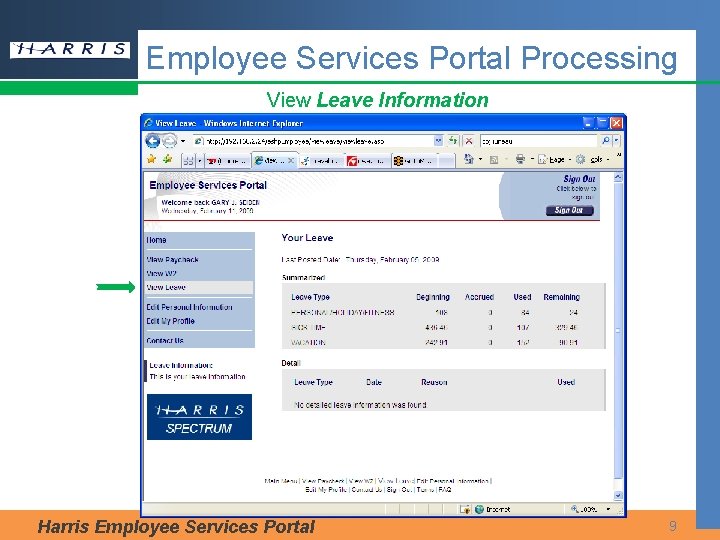 Employee Services Portal Processing View Leave Information Harris Employee Services Portal 9 