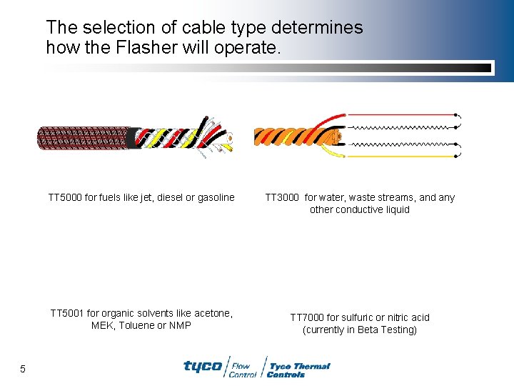 The selection of cable type determines how the Flasher will operate. 5 TT 5000