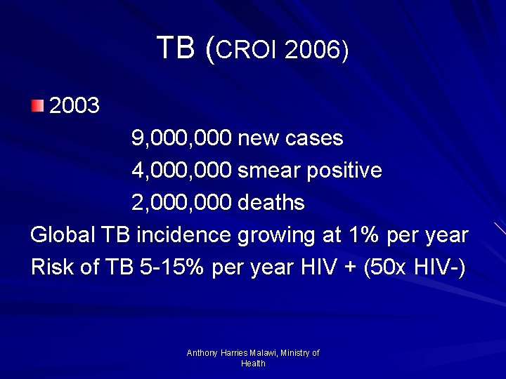 TB (CROI 2006) 2003 9, 000 new cases 4, 000 smear positive 2, 000