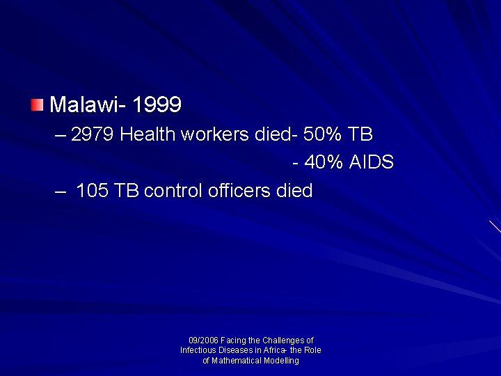 Malawi- 1999 – 2979 Health workers died- 50% TB - 40% AIDS – 105