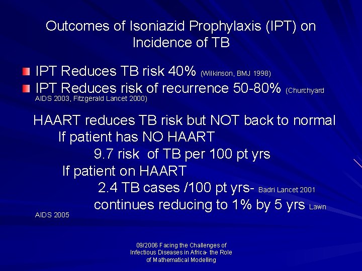 Outcomes of Isoniazid Prophylaxis (IPT) on Incidence of TB IPT Reduces TB risk 40%