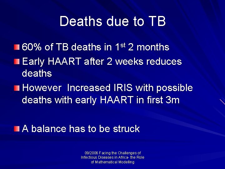 Deaths due to TB 60% of TB deaths in 1 st 2 months Early