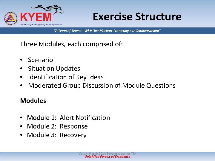 Exercise Structure “A Team of Teams – With One Mission: Protecting our Commonwealth” Three