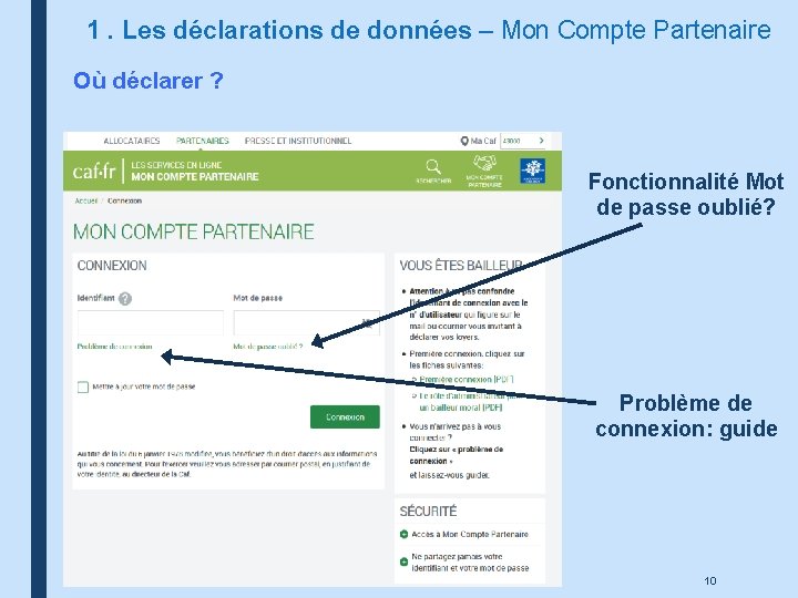 1. Les déclarations de données – Mon Compte Partenaire Où déclarer ? Fonctionnalité Mot