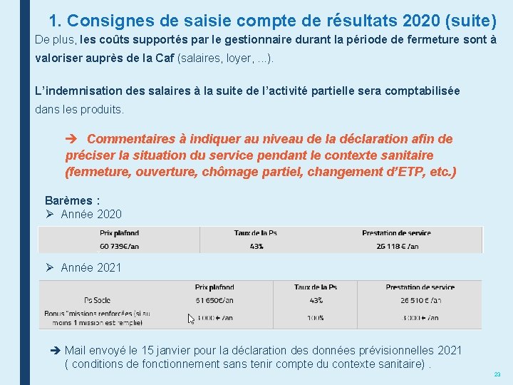 1. Consignes de saisie compte de résultats 2020 (suite) De plus, les coûts supportés