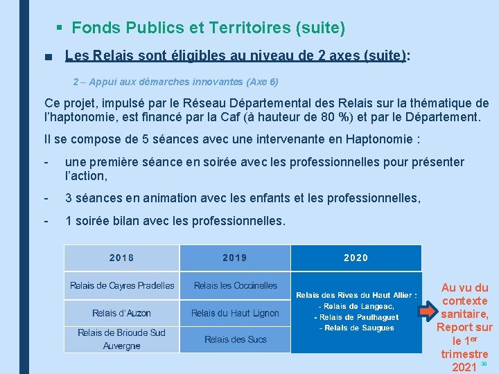 § Fonds Publics et Territoires (suite) ■ Les Relais sont éligibles au niveau de