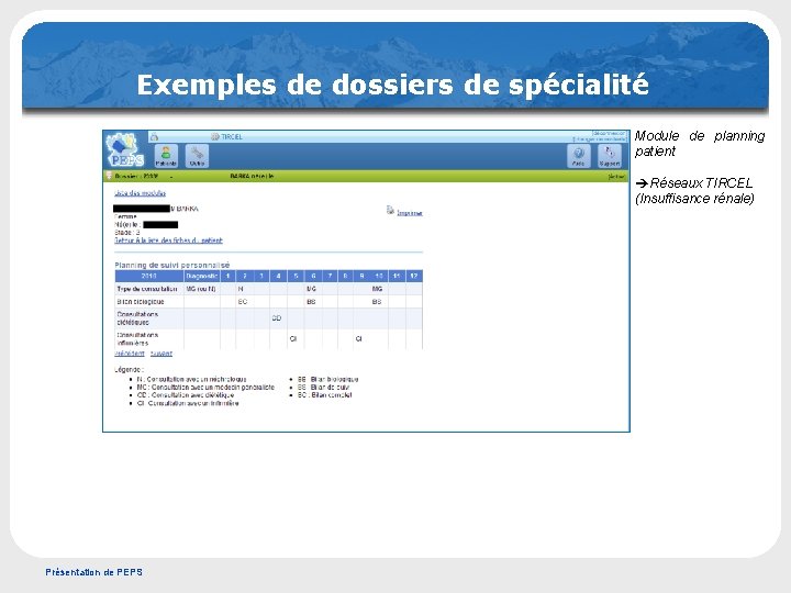 Exemples de dossiers de spécialité Module de planning patient èRéseaux TIRCEL (Insuffisance rénale) Présentation