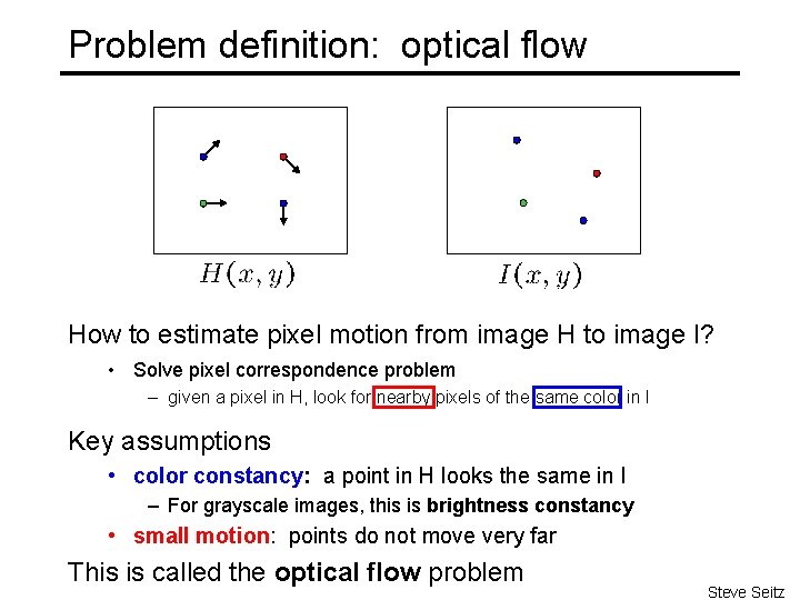 Problem definition: optical flow How to estimate pixel motion from image H to image