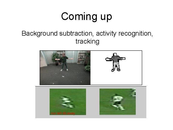 Coming up Background subtraction, activity recognition, tracking 