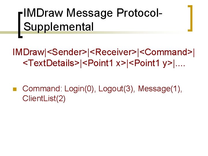 IMDraw Message Protocol. Supplemental IMDraw|<Sender>|<Receiver>|<Command>| <Text. Details>|<Point 1 x>|<Point 1 y>|. . n Command: