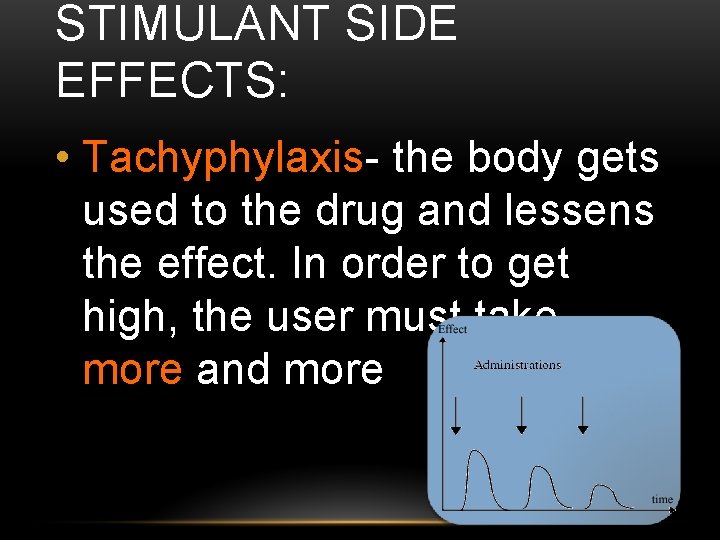 STIMULANT SIDE EFFECTS: • Tachyphylaxis- the body gets used to the drug and lessens