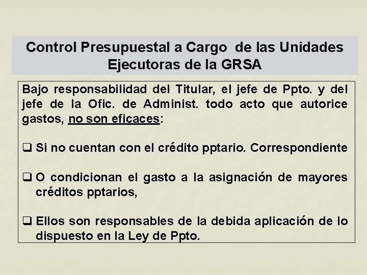 Control Presupuestal a Cargo de las Unidades Ejecutoras de la GRSA Bajo responsabilidad del