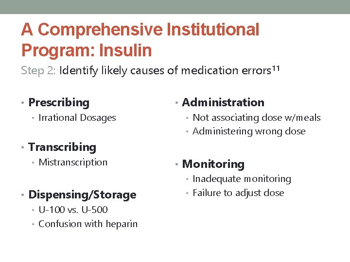 A Comprehensive Institutional Program: Insulin Step 2: Identify likely causes of medication errors 11