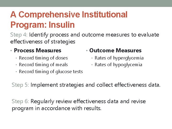 A Comprehensive Institutional Program: Insulin Step 4: Identify process and outcome measures to evaluate