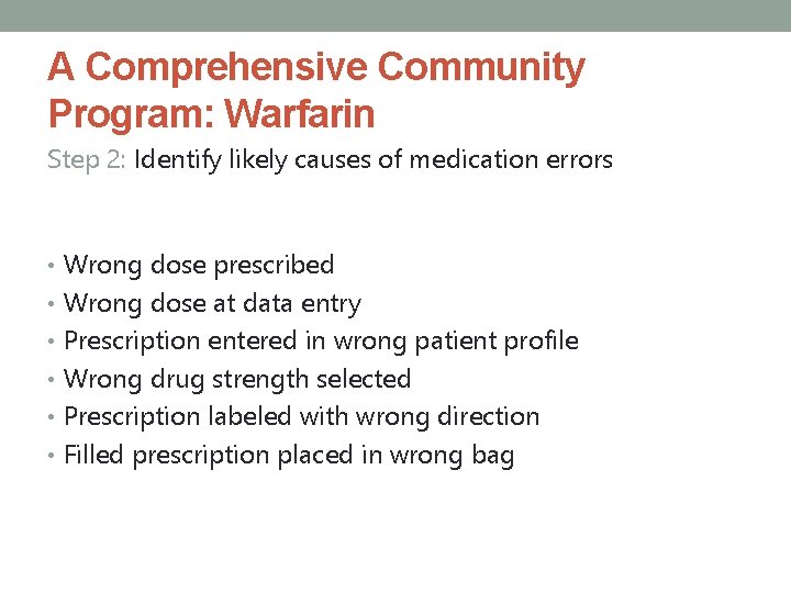 A Comprehensive Community Program: Warfarin Step 2: Identify likely causes of medication errors •