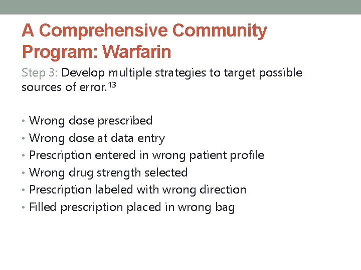 A Comprehensive Community Program: Warfarin Step 3: Develop multiple strategies to target possible sources