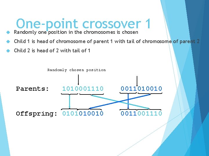 One-point crossover 1 Randomly one position in the chromosomes is chosen Child 1 is