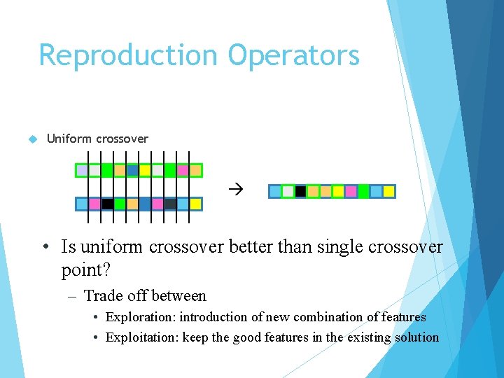 Reproduction Operators Uniform crossover • Is uniform crossover better than single crossover point? –