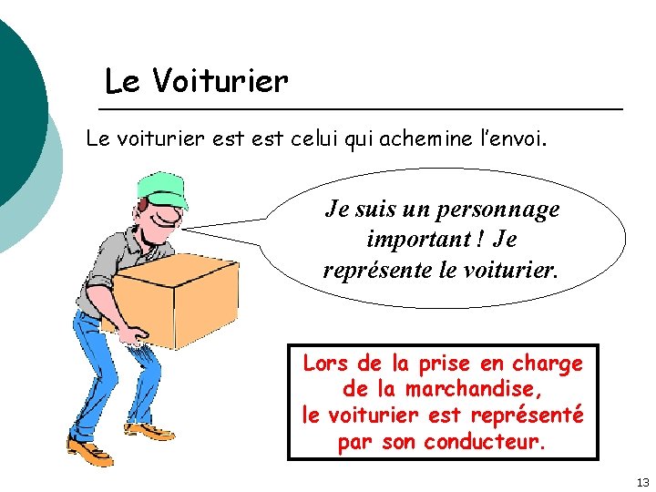 Le Voiturier Le voiturier est celui qui achemine l’envoi. Je suis un personnage important