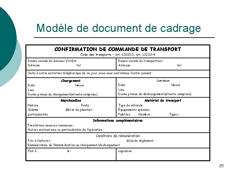 Modèle de document de cadrage CONFIRMATION DE COMMANDE DE TRANSPORT Code des transports –