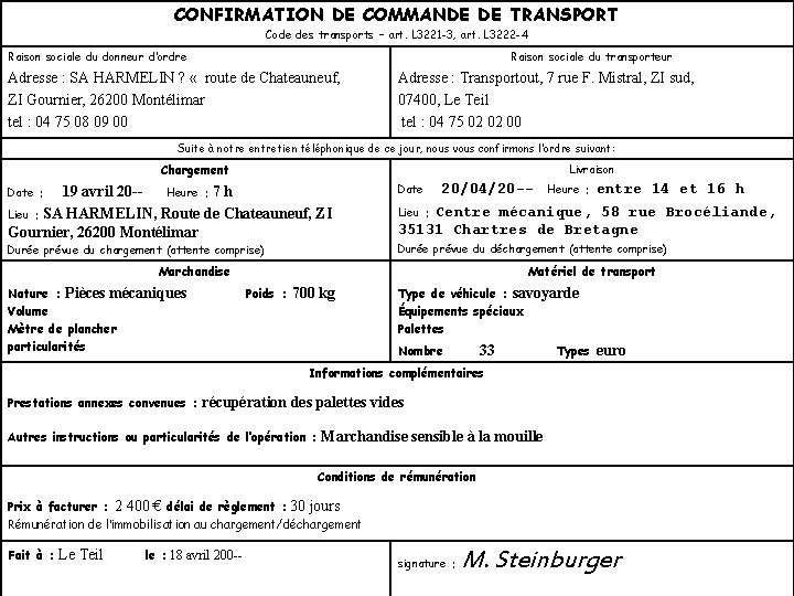 CONFIRMATION DE COMMANDE DE TRANSPORT Code des transports – art. L 3221 -3, art.
