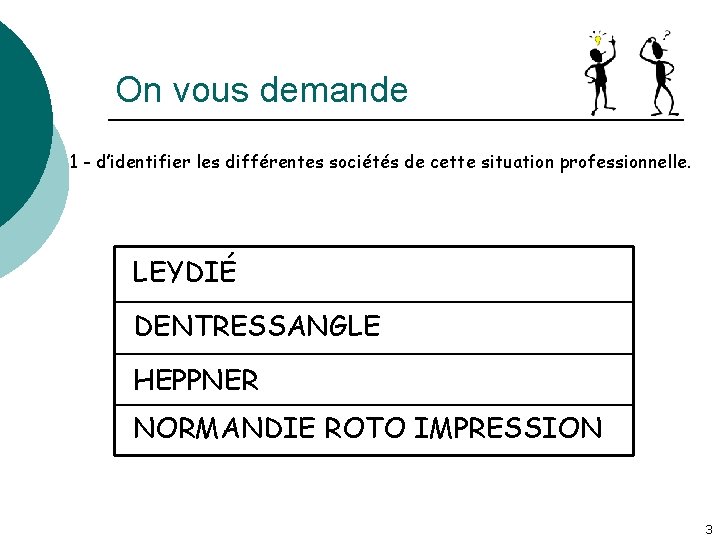On vous demande 1 - d’identifier les différentes sociétés de cette situation professionnelle. LEYDIÉ