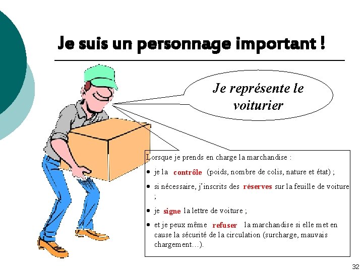 Je suis un personnage important ! Je représente le voiturier Lorsque je prends en
