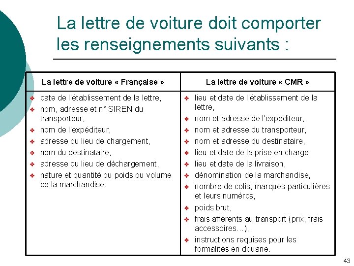 La lettre de voiture doit comporter les renseignements suivants : La lettre de voiture