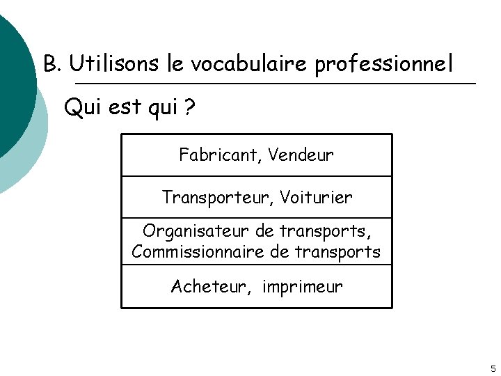 B. Utilisons le vocabulaire professionnel Qui est qui ? Fabricant, Vendeur Transporteur, Voiturier Organisateur
