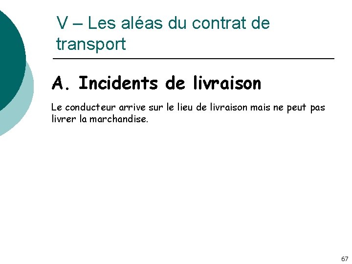 V – Les aléas du contrat de transport A. Incidents de livraison Le conducteur